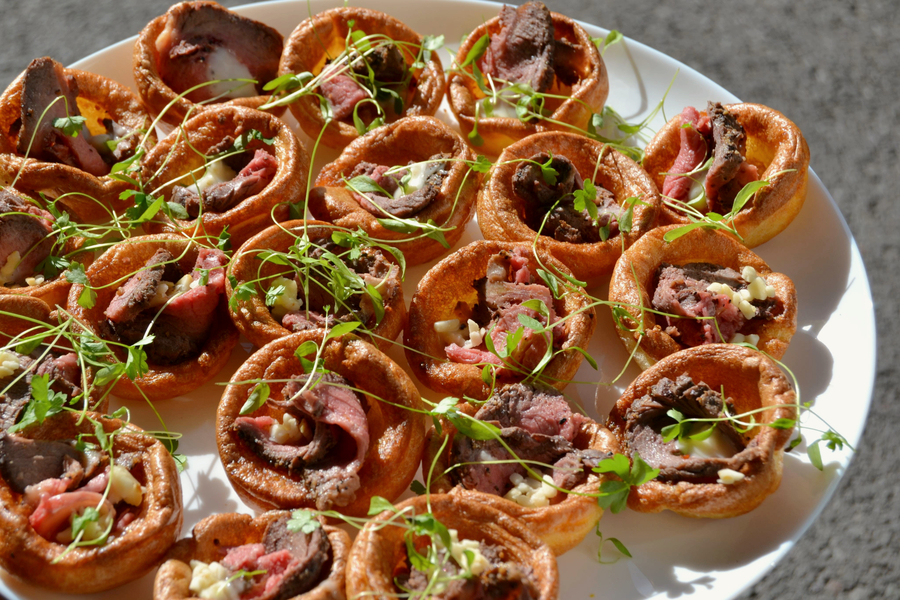 Mini Yorkshire Puddings • peppered roast beef • horseradish roulade