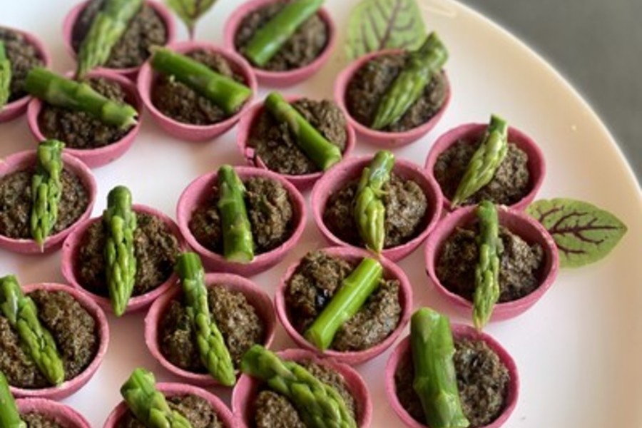Tomato & Olive Tapenade Beetroot Tart • topped with asparagus (DF)