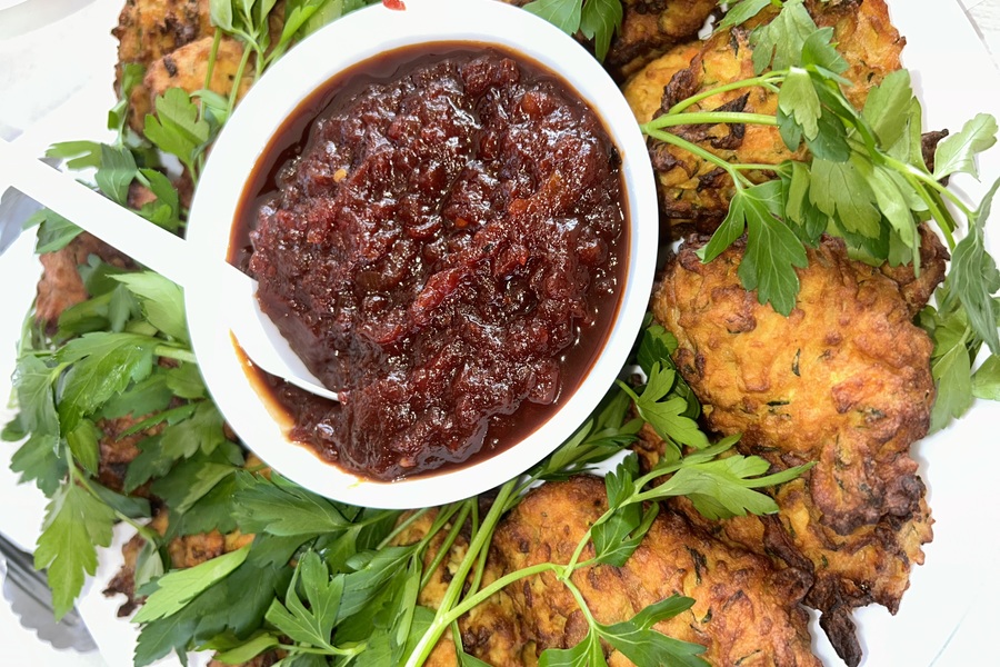 Mini Courgette Fritters • spiced roast tomato sauce