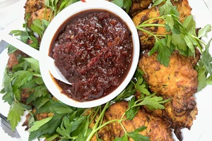 Mini Courgette Fritters • spiced roast tomato sauce Mini Courgette Fritters • spiced roast tomato sauce