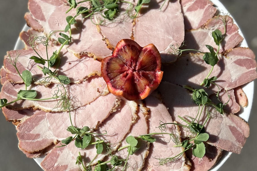 Whole gammon ham, honey-glazed and roasted 