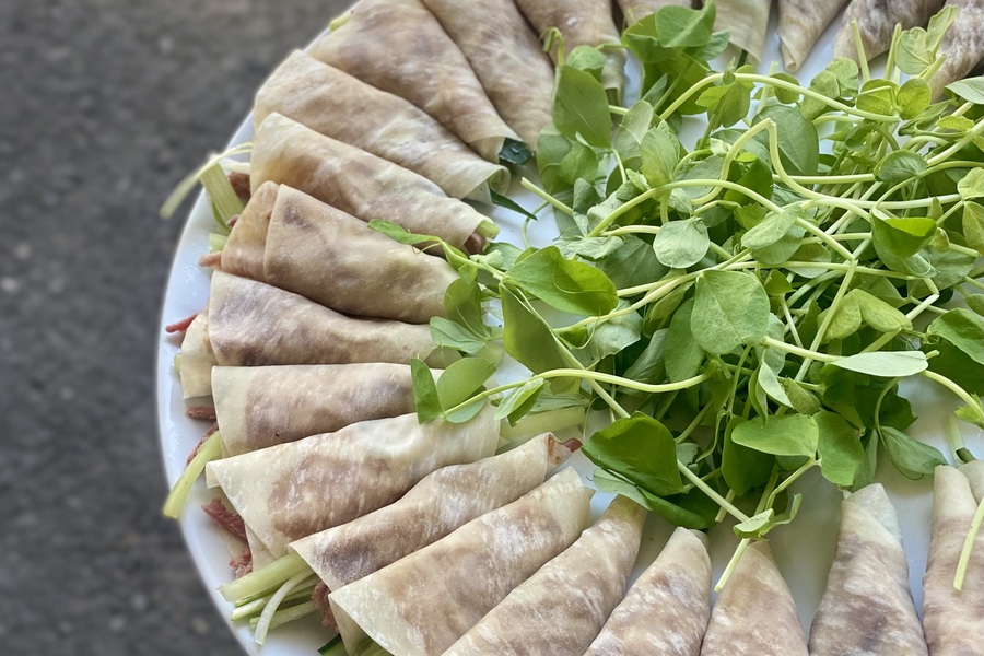 Shredded, smoked duck breast in rice paper wrap with spring onions, 