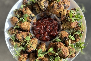 Mini courgette fritters with a spiced, roast tomato sauce Mini courgette fritters with a spiced, roast tomato sauce