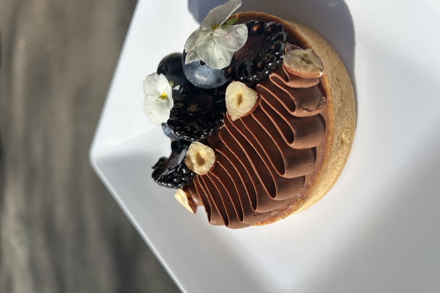 Chocolate Cremeux, Hazelnut and Blackberry Tart